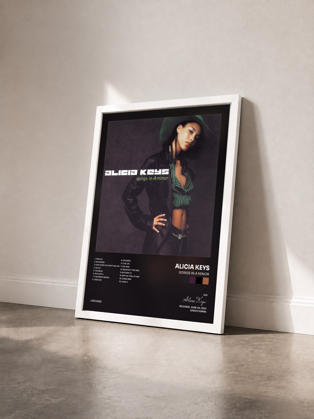 #blanc Songs In A Minor by Alicia Keys as a framed art print seen at an angle, white frame