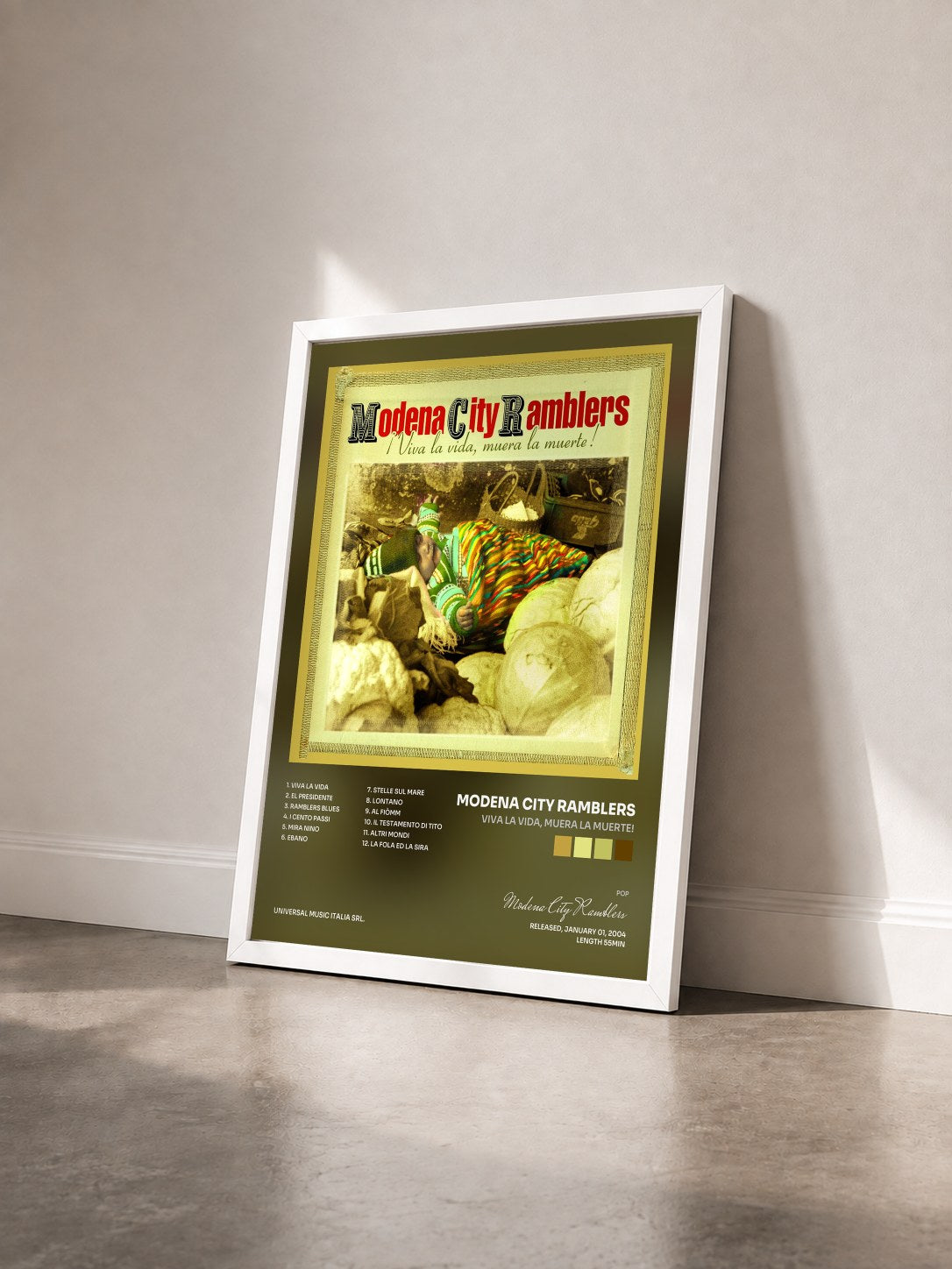 #blanc Tableau de l'album Viva la Vida, Muera la Muerte! de Modena City Ramblers vu de trois quarts, cadre blanc