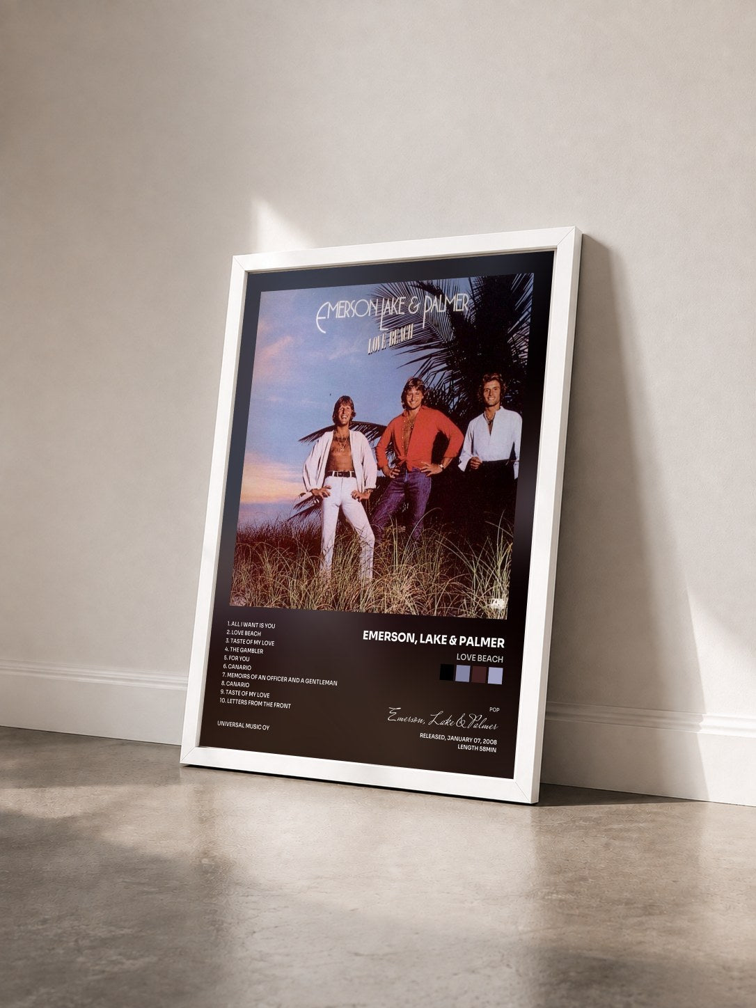#blanc Tableau de l'album Love Beach de Emerson, Lake & Palmer vu de trois quarts, cadre blanc