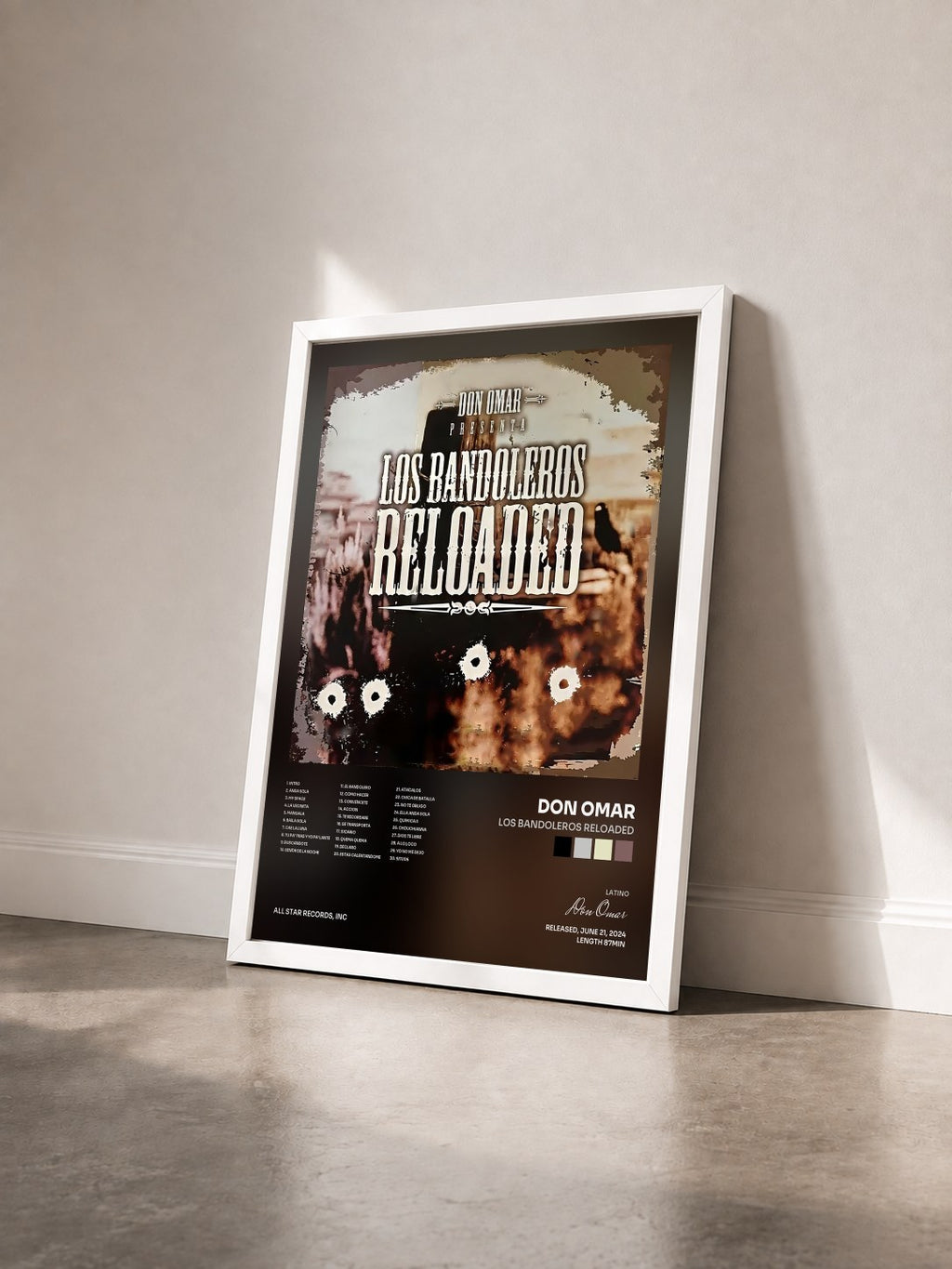#blanc Tableau de l'album Los Bandoleros Reloaded de Don Omar vu de trois quarts, cadre blanc