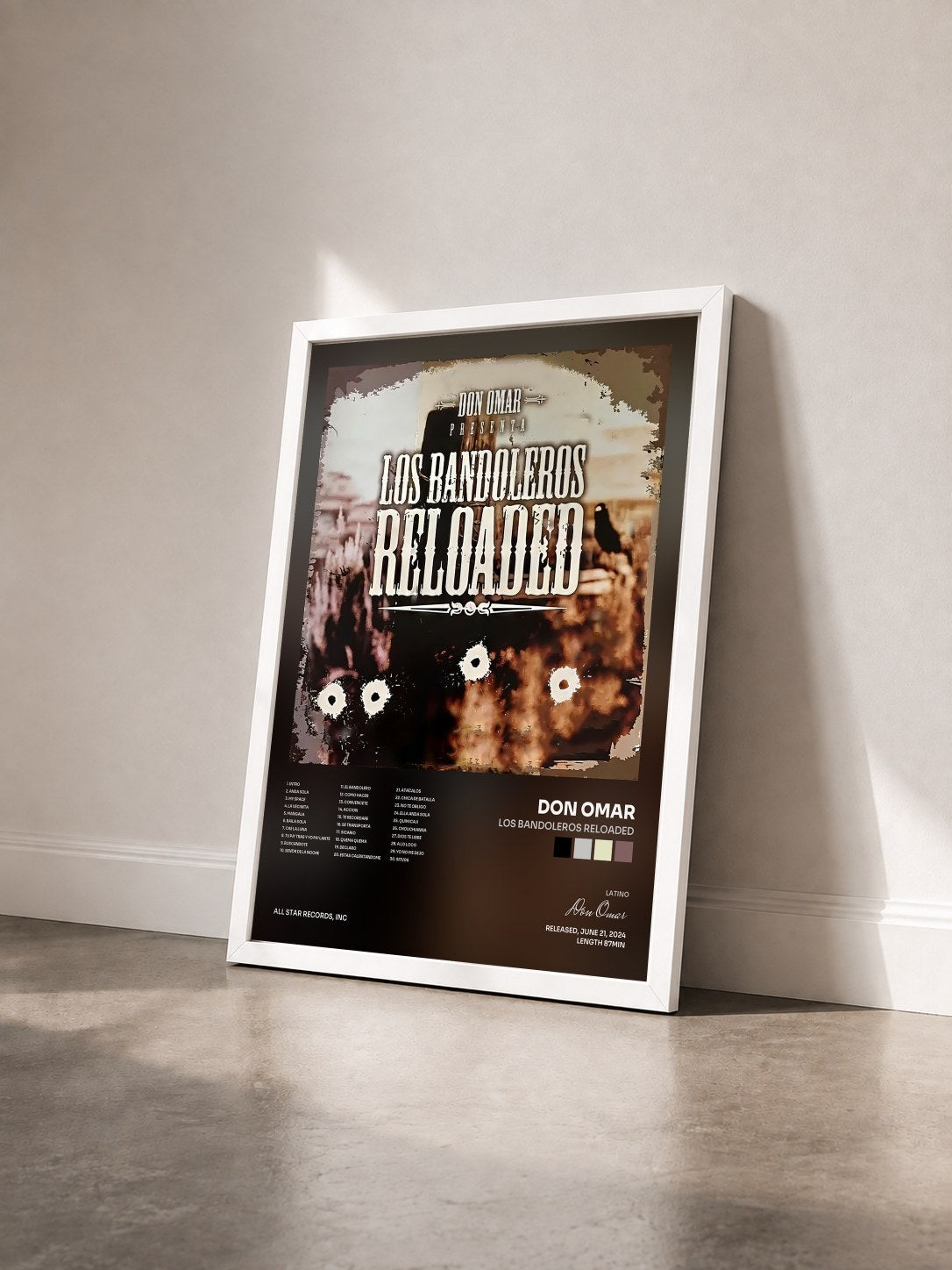 #blanc Tableau de l'album Los Bandoleros Reloaded de Don Omar vu de trois quarts, cadre blanc