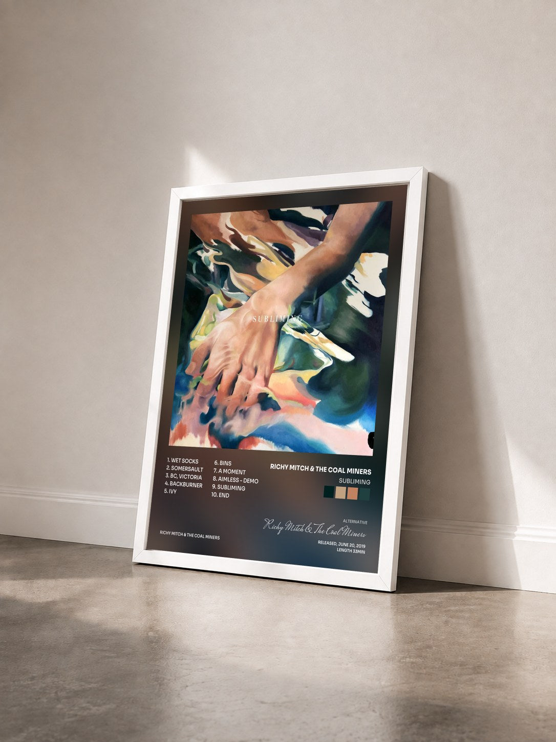 #blanc Tableau de l'album Subliming de Richy Mitch & The Coal Miners vu de trois quarts, cadre blanc