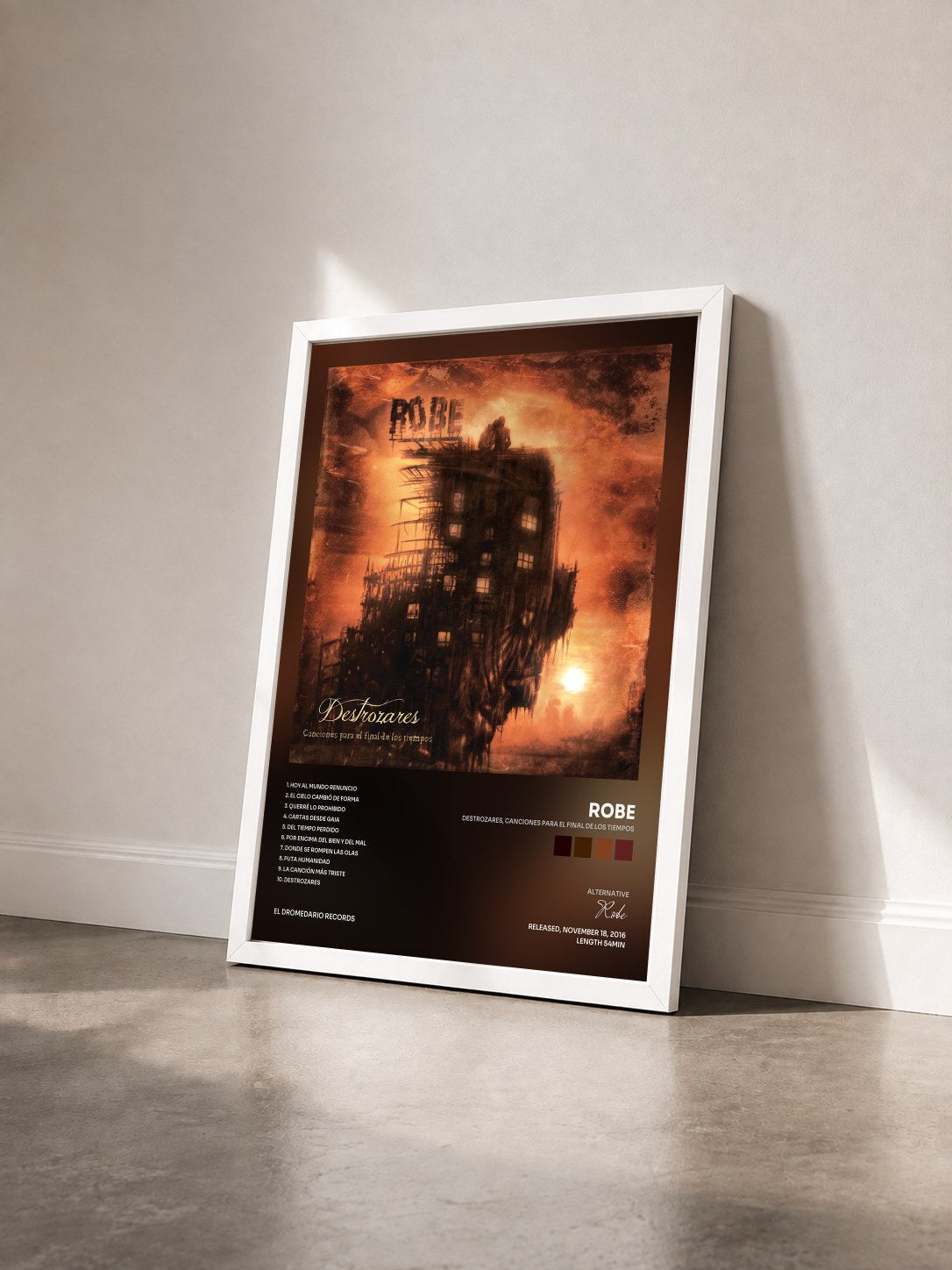 #blanc Tableau de l'album Destrozares, Canciones para el Final de los Tiempos de Robe vu de trois quarts, cadre blanc