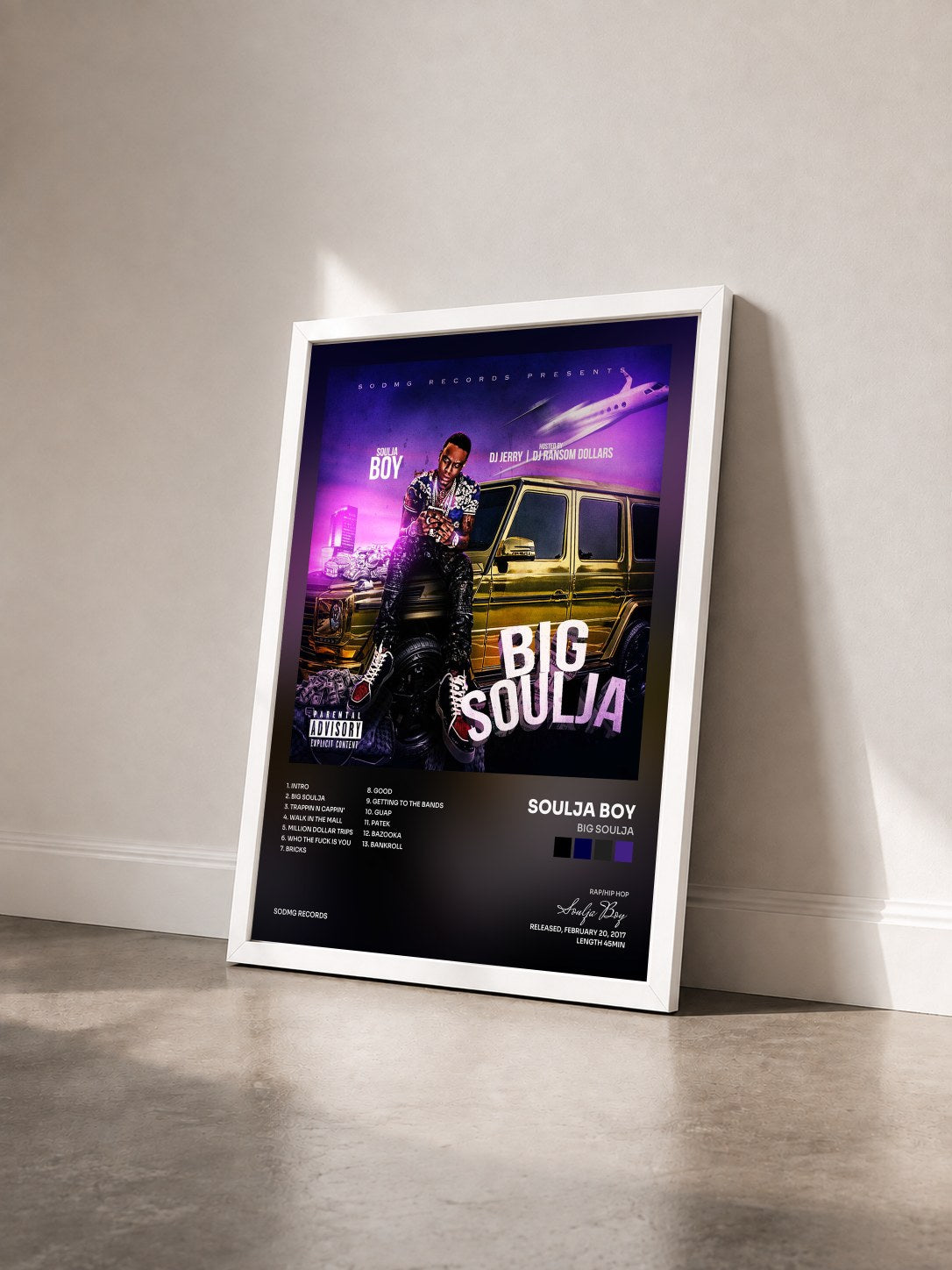 #blanc Big Soulja by Soulja Boy as a framed art print seen at an angle, white frame