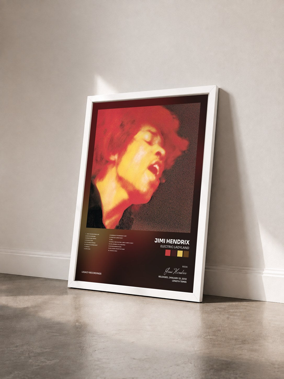 #blanc Electric Ladyland de Jimi Hendrix en lámina enmarcada vista de tres cuartos, marco blanco