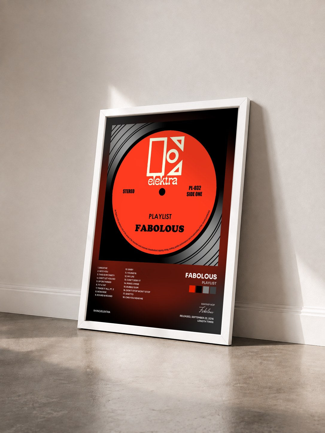 #blanc Tableau de l'album Playlist de Fabolous vu de trois quarts, cadre blanc