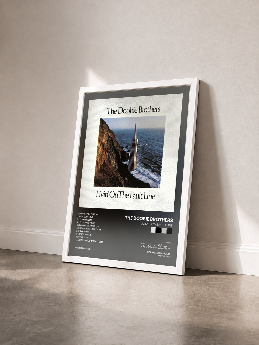 #blanc Tableau de l'album Livin' on the Fault Line de The Doobie Brothers vu de trois quarts, cadre blanc