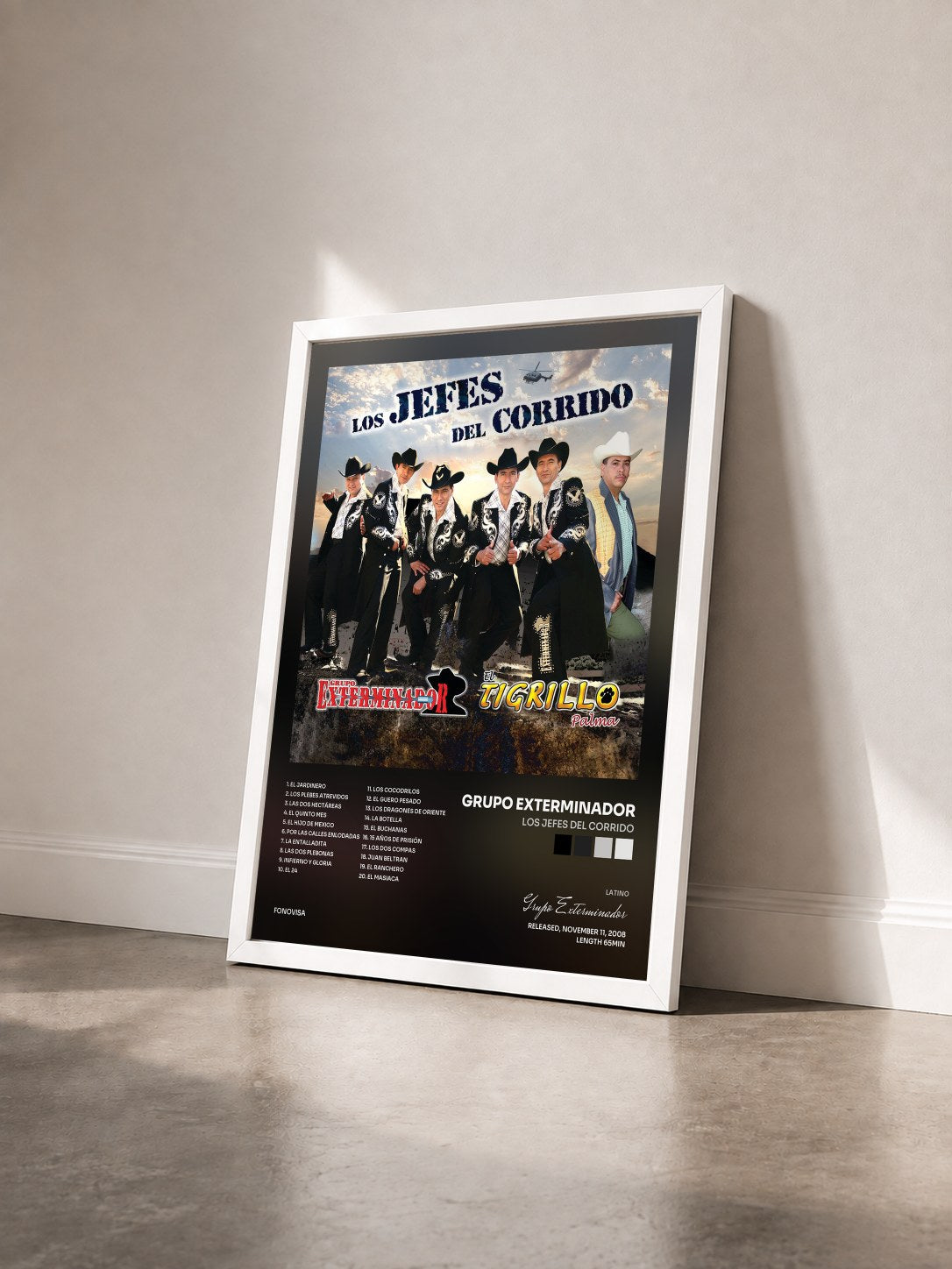 #blanc Tableau de l'album Los Jefes Del Corrido de Grupo Exterminador vu de trois quarts, cadre blanc
