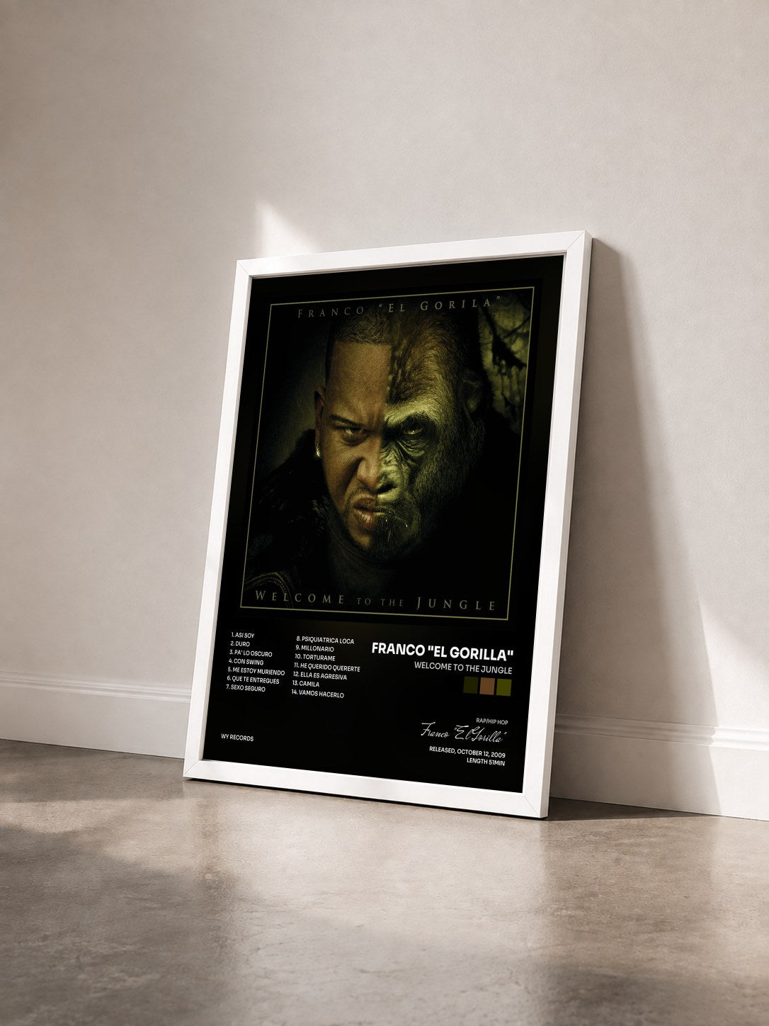 #blanc Tableau de l'album Welcome To The Jungle de Franco "El Gorilla" vu de trois quarts, cadre blanc