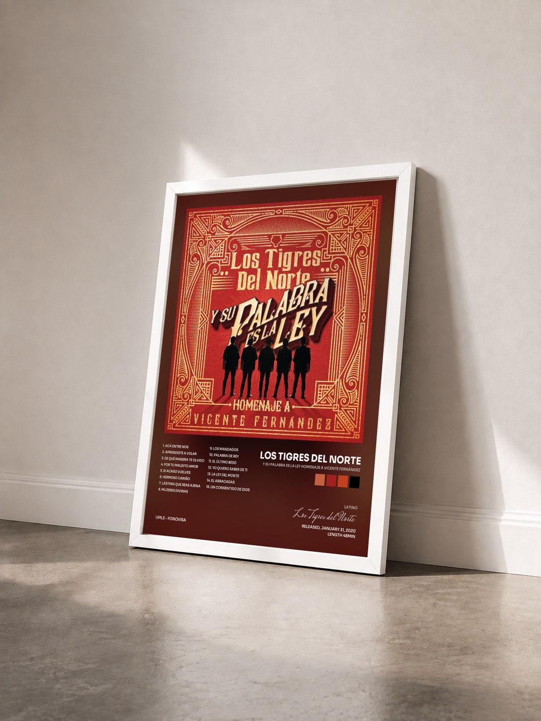 #blanc Tableau de l'album Y Su Palabra Es La Ley Homenaje A Vicente Fernández de Los Tigres del Norte vu de trois quarts, cadre blanc