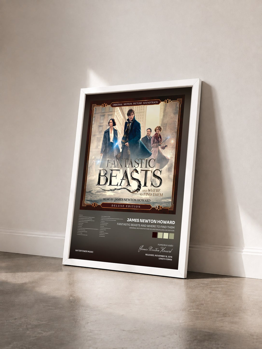 #blanc Fantastic Beasts and Where to Find Them (Original Motion Picture Soundtrack) (Deluxe Edition) de James Newton Howard en lámina enmarcada vista de tres cuartos, marco blanco