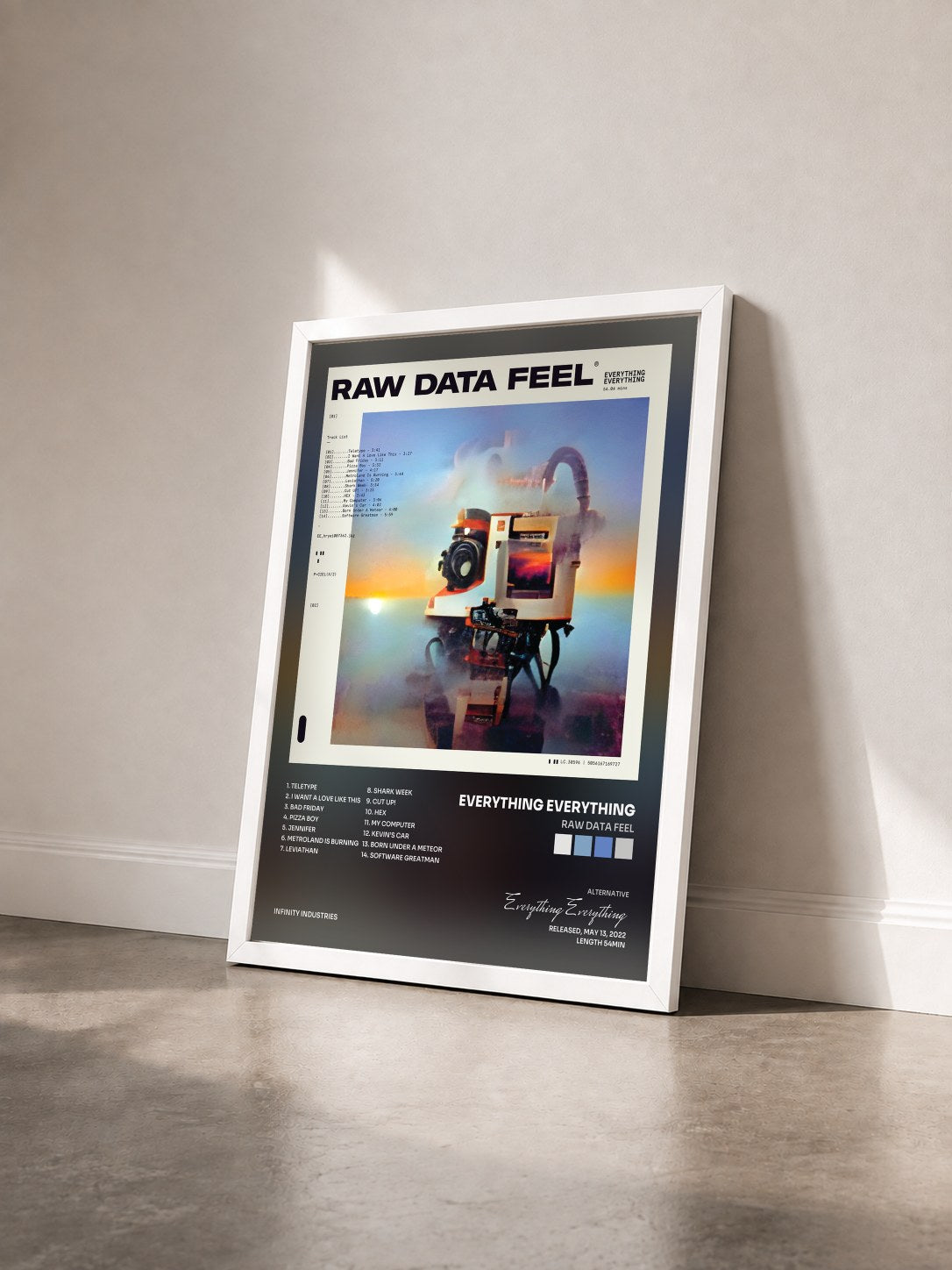 #blanc Tableau de l'album Raw Data Feel de Everything Everything vu de trois quarts, cadre blanc