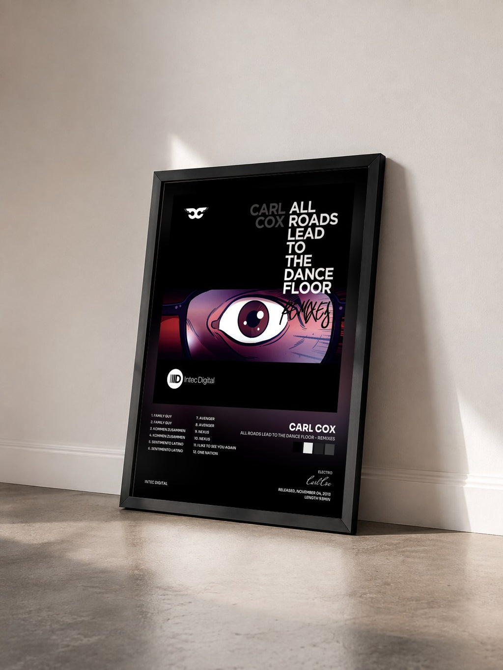 #noir Tableau de l'album All Roads Lead to the Dance Floor - Remixes de Carl Cox vu de trois quarts, cadre noir