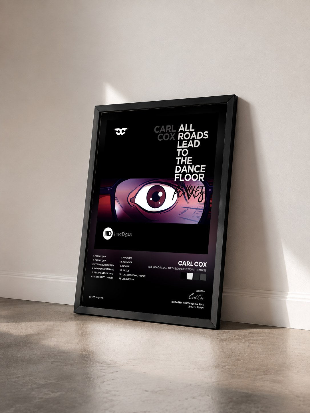 #noir Tableau de l'album All Roads Lead to the Dance Floor - Remixes de Carl Cox vu de trois quarts, cadre noir
