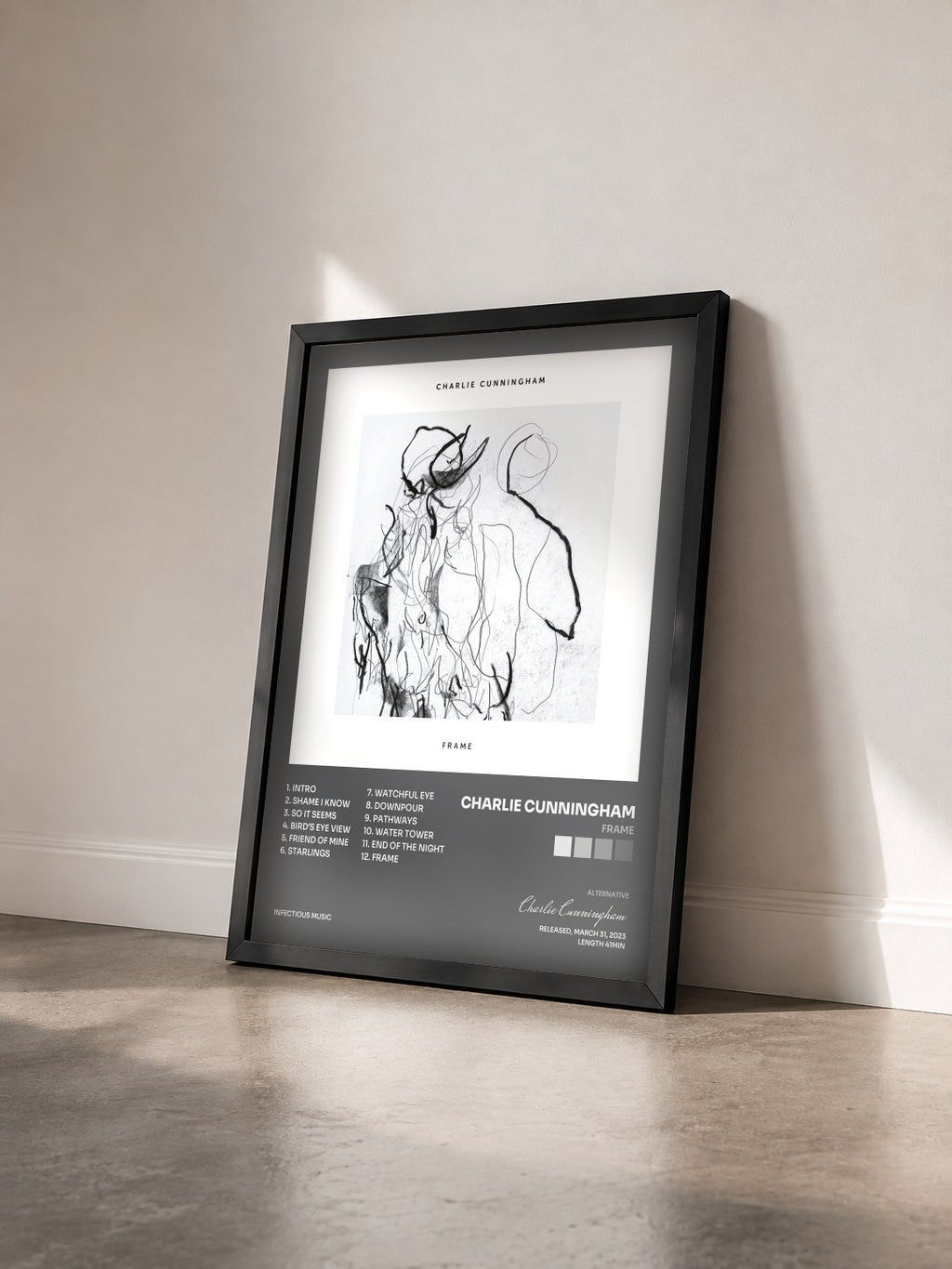 #noir Tableau de l'album Frame de Charlie Cunningham vu de trois quarts, cadre noir