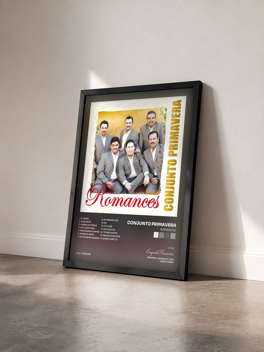 #noir Tableau de l'album Romances de Conjunto Primavera vu de trois quarts, cadre noir