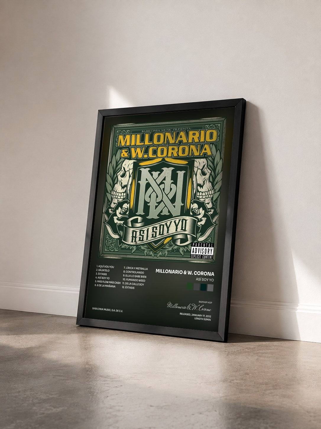 #noir Tableau de l'album Así Soy Yo de Millonario & W. Corona vu de trois quarts, cadre noir