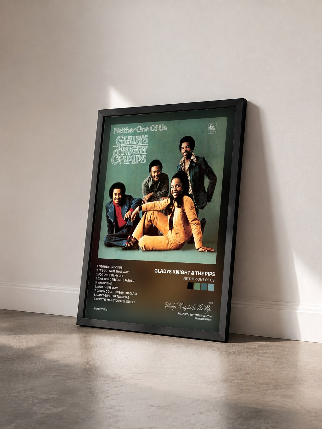 #noir Tableau de l'album Neither One Of Us de Gladys Knight & The Pips vu de trois quarts, cadre noir