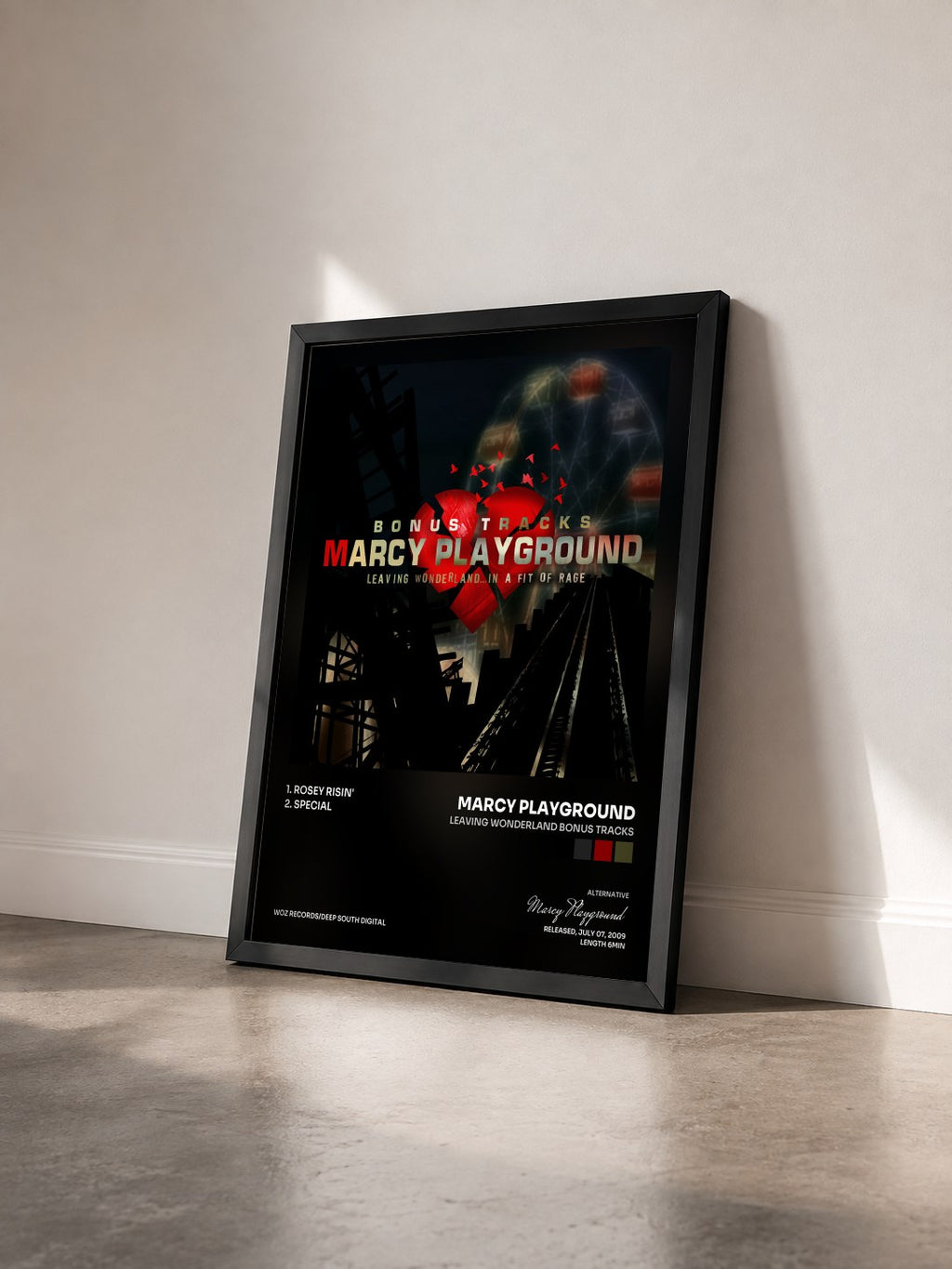#noir Tableau de l'album Leaving Wonderland Bonus Tracks de Marcy Playground vu de trois quarts, cadre noir
