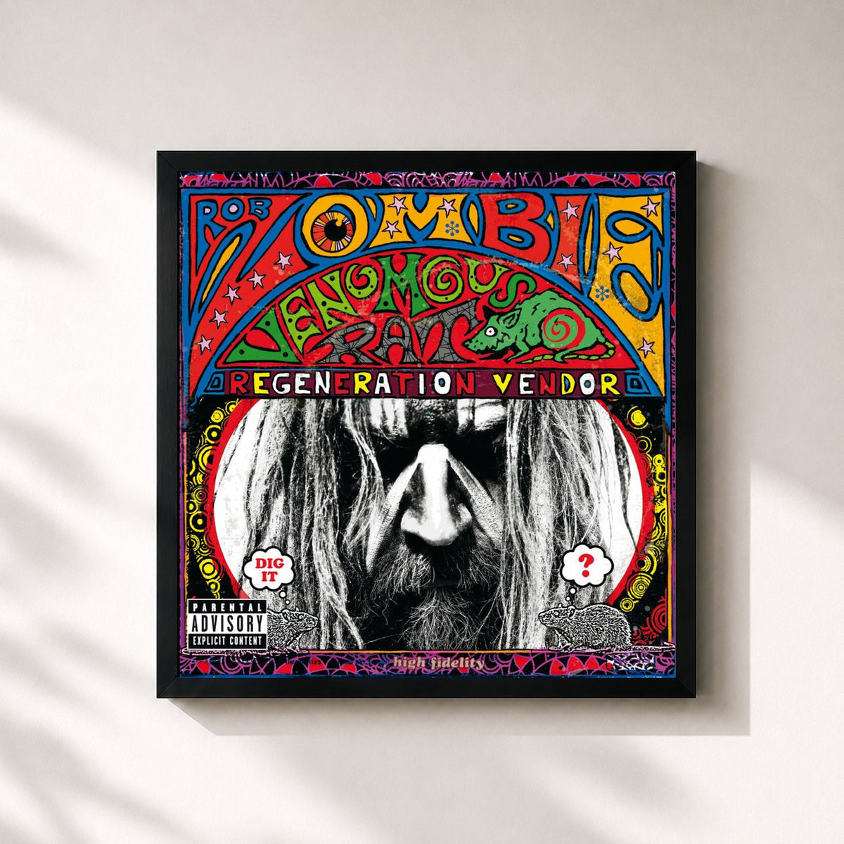 #noir Tableau carré de l'album Venomous Rat Regeneration Vendor de Rob Zombie, cadre noir 32x32 cm