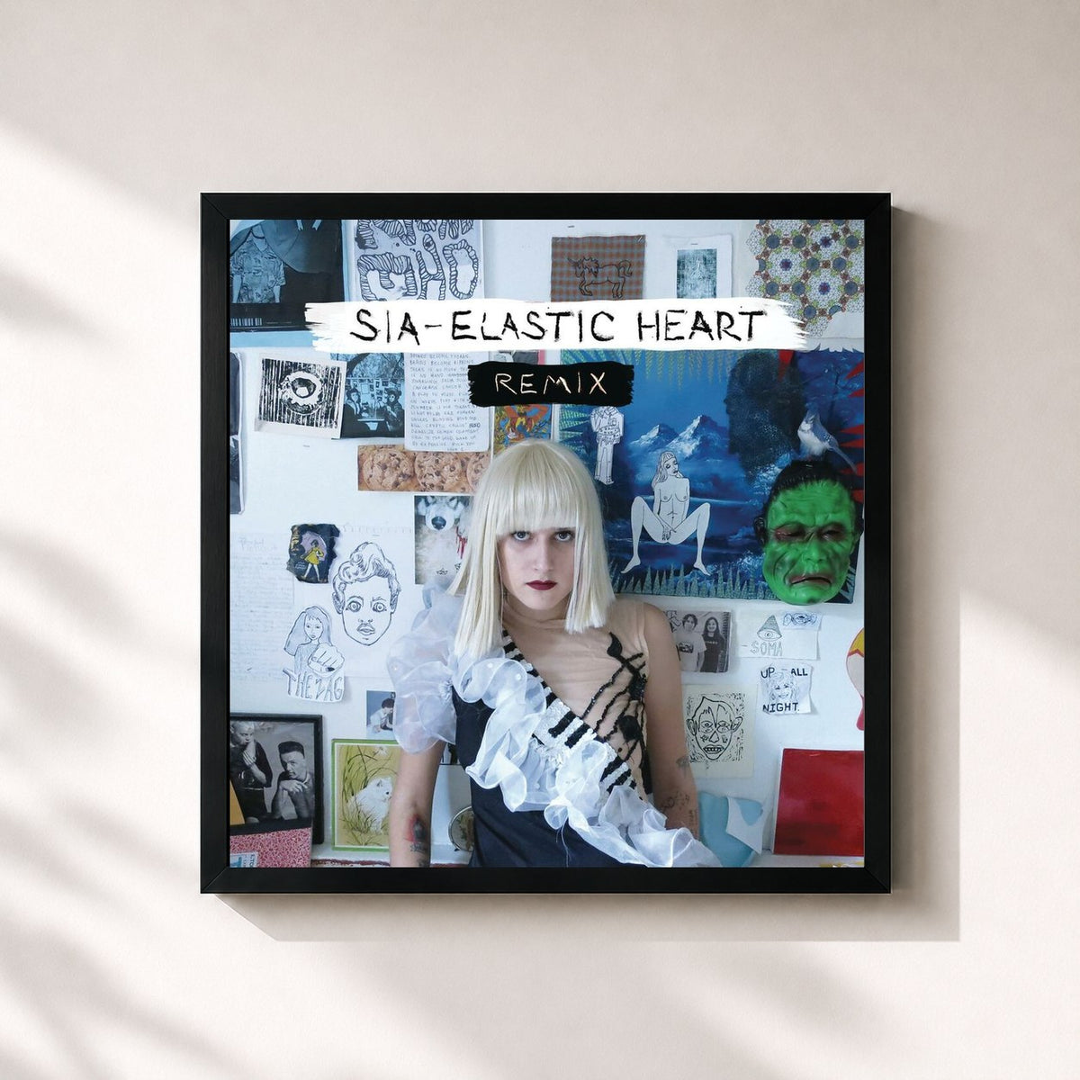 #noir Tableau carré de l'album Elastic Heart (The Remixes) de Sia, cadre noir 32x32 cm