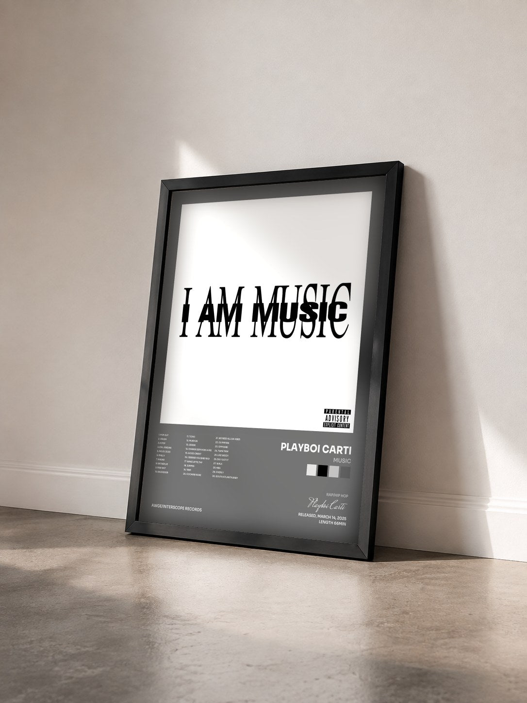 #noir MUSIC by Playboi Carti as a framed art print seen at an angle, black frame