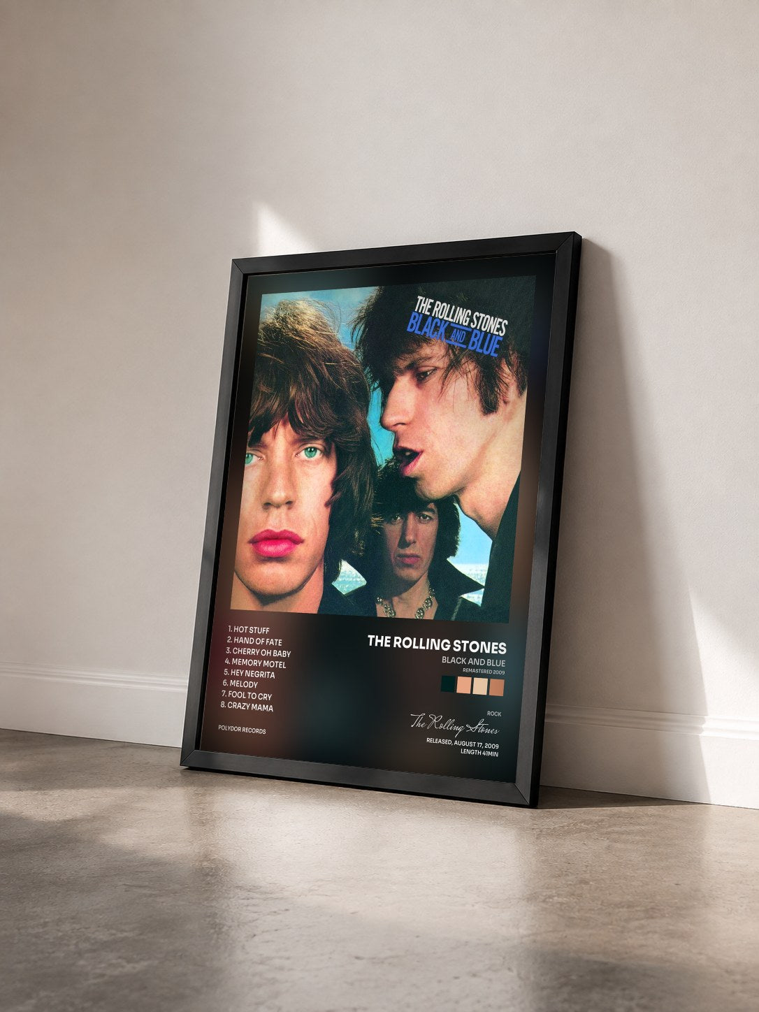 #noir Tableau de l'album Black And Blue (Remastered 2009) de The Rolling Stones vu de trois quarts, cadre noir