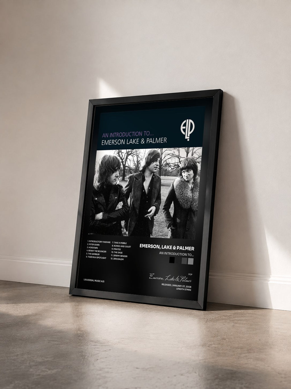 #noir Tableau de l'album An Introduction To... de Emerson, Lake & Palmer vu de trois quarts, cadre noir