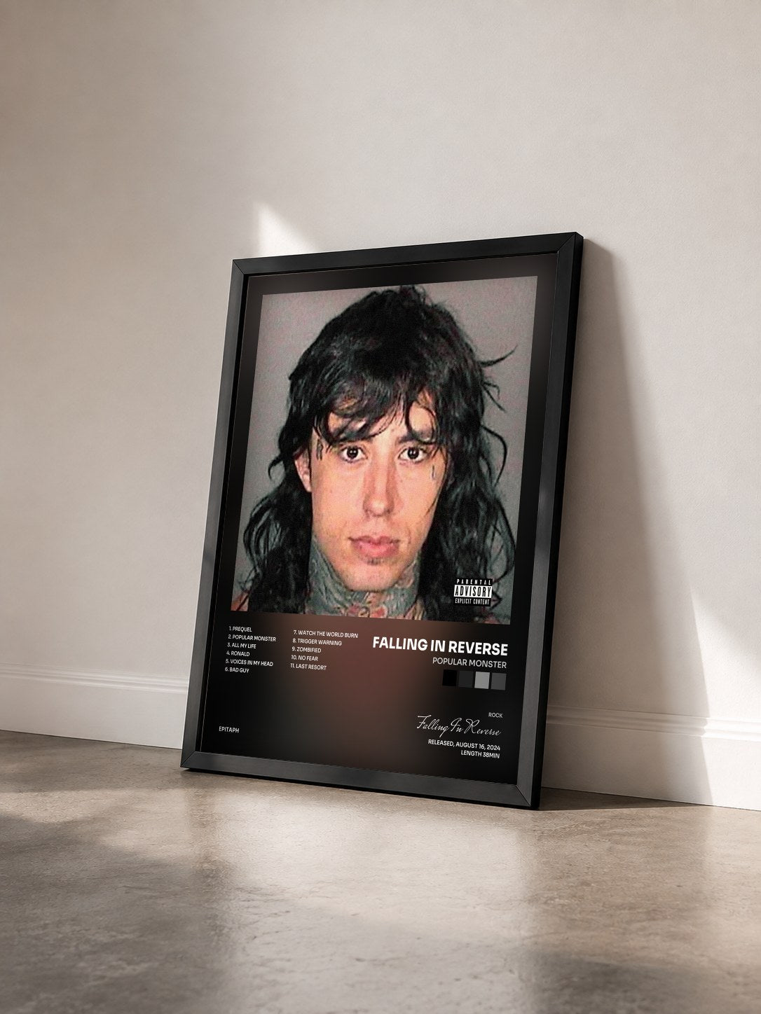 #noir Popular Monster by Falling In Reverse as a framed art print seen at an angle, black frame