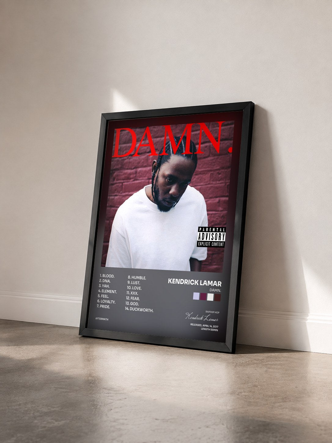 #noir DAMN. di Kendrick Lamar in stampa incorniciata vista di tre quarti, cornice nera