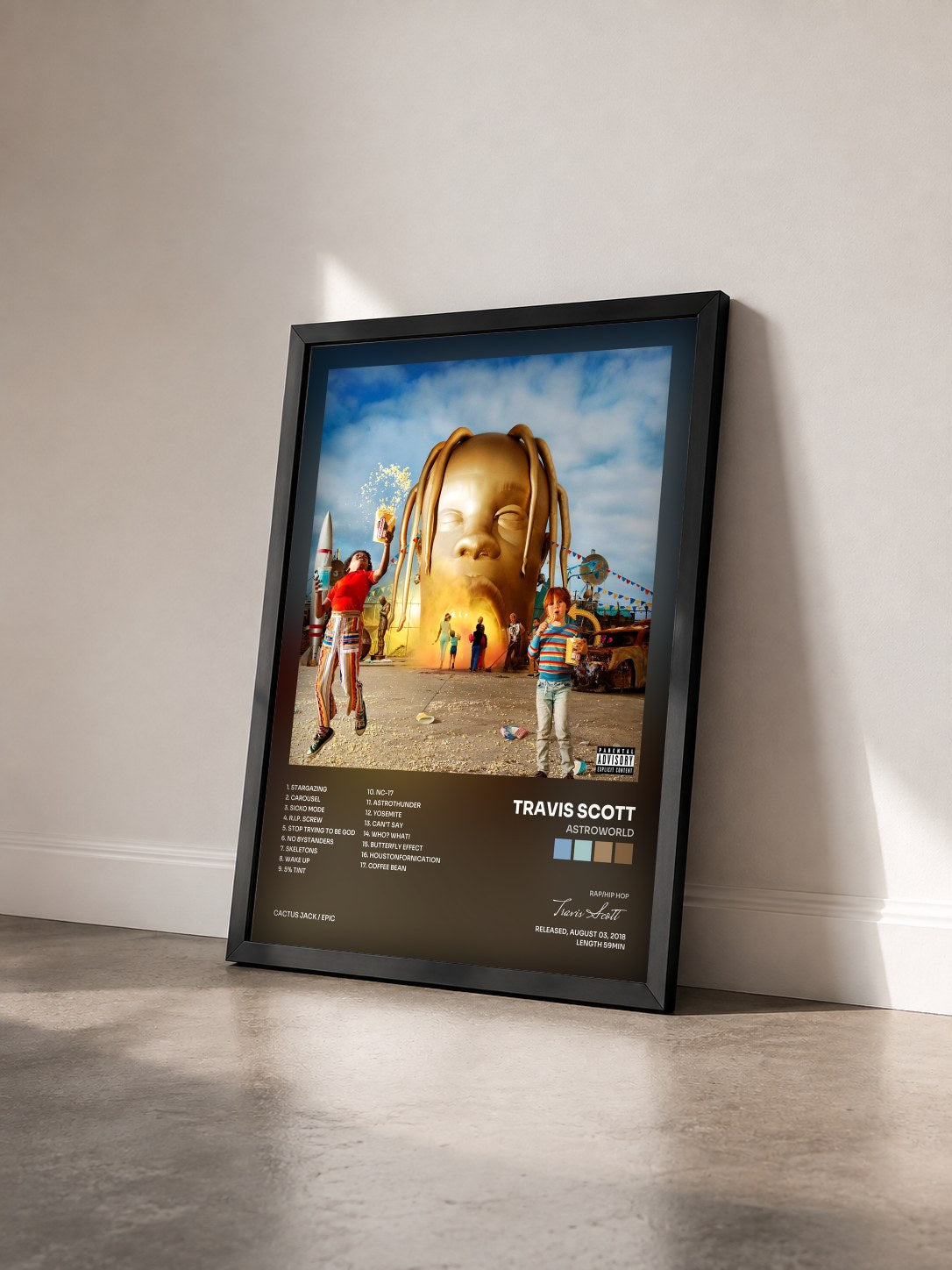 #noir Tableau de l'album ASTROWORLD de Travis Scott vu de trois quarts, cadre noir