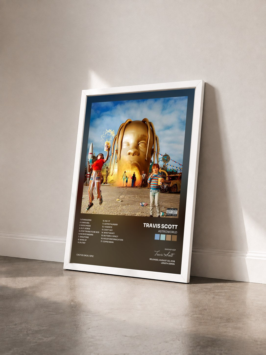 #blanc Tableau de l'album ASTROWORLD de Travis Scott vu de trois quarts, cadre blanc