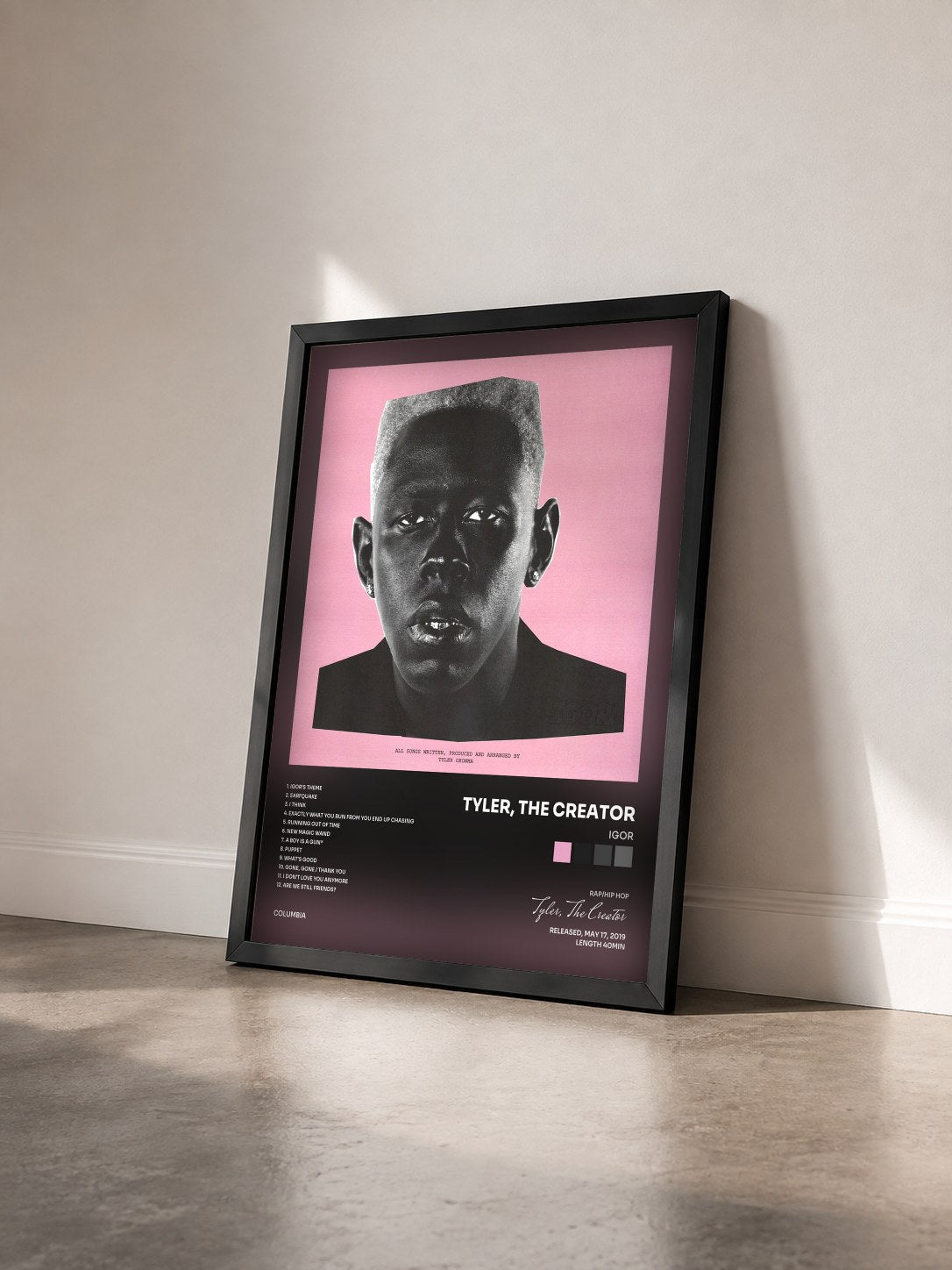 #noir Tableau de l'album IGOR de Tyler, The Creator vu de trois quarts, cadre noir