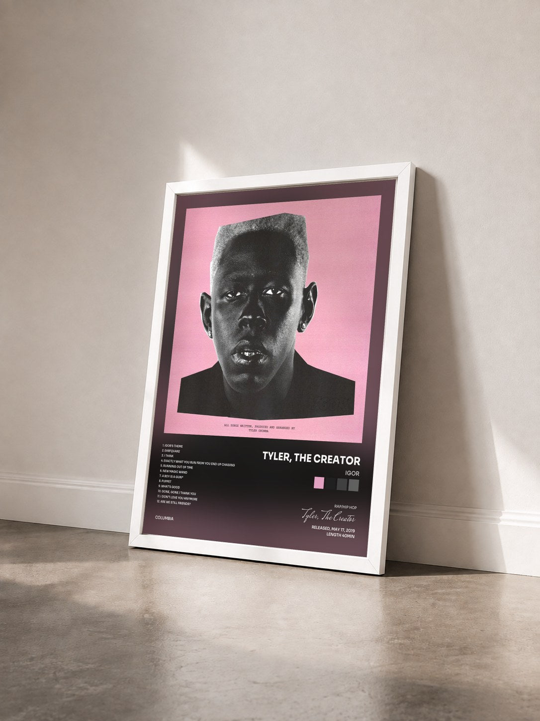 #blanc Tableau de l'album IGOR de Tyler, The Creator vu de trois quarts, cadre blanc