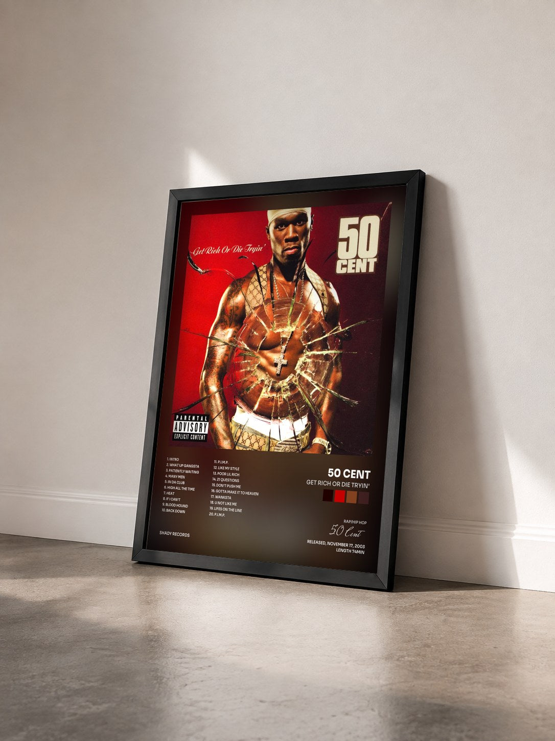 #noir Get Rich Or Die Tryin' di 50 Cent in stampa incorniciata vista di tre quarti, cornice nera