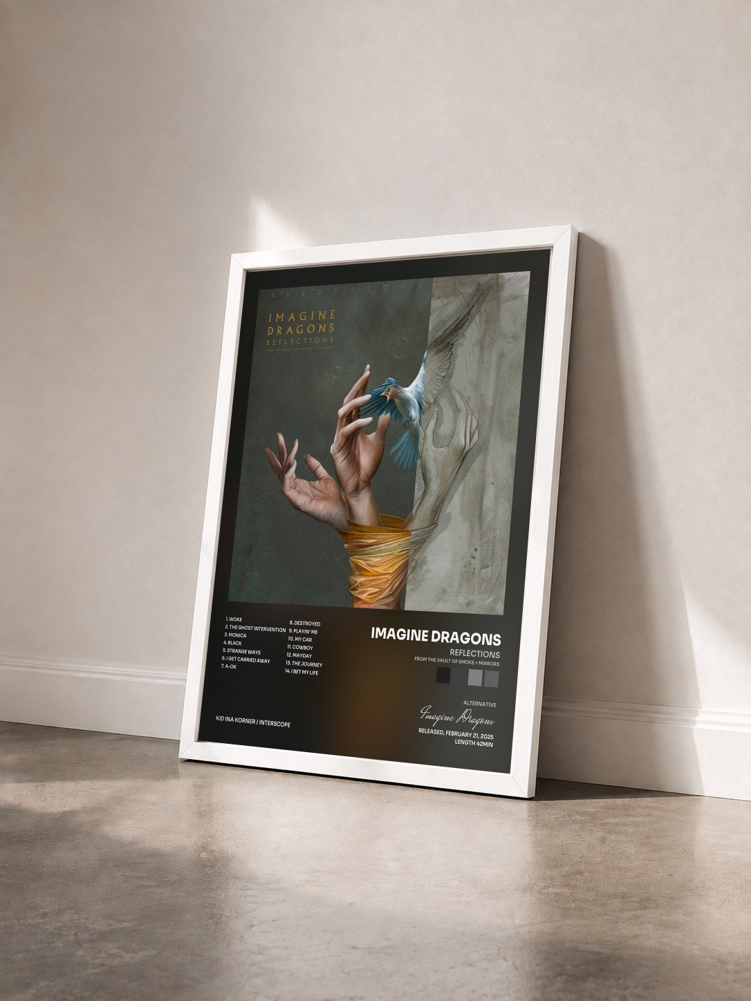 #blanc Tableau de l'album Reflections (From The Vault Of Smoke + Mirrors) de Imagine Dragons vu de trois quarts, cadre blanc