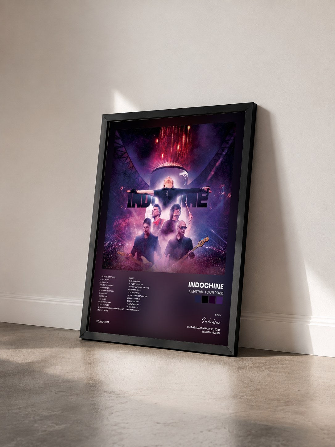 #noir Central Tour 2022 by Indochine as a framed art print seen at an angle, black frame