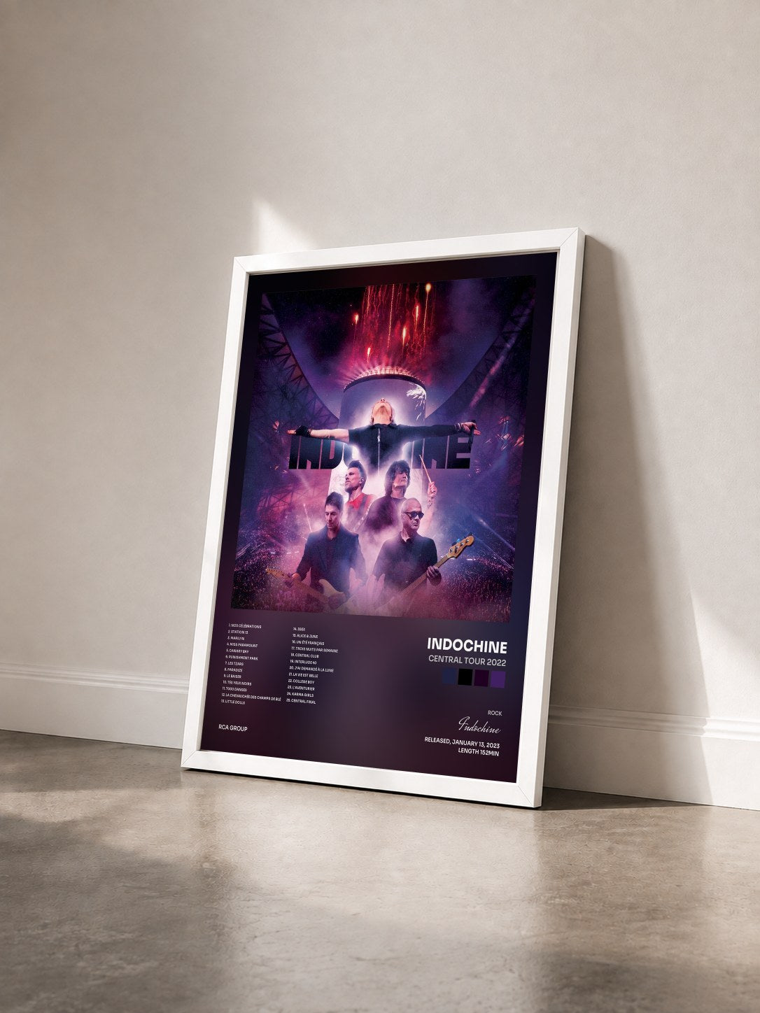 #blanc Central Tour 2022 by Indochine as a framed art print seen at an angle, white frame