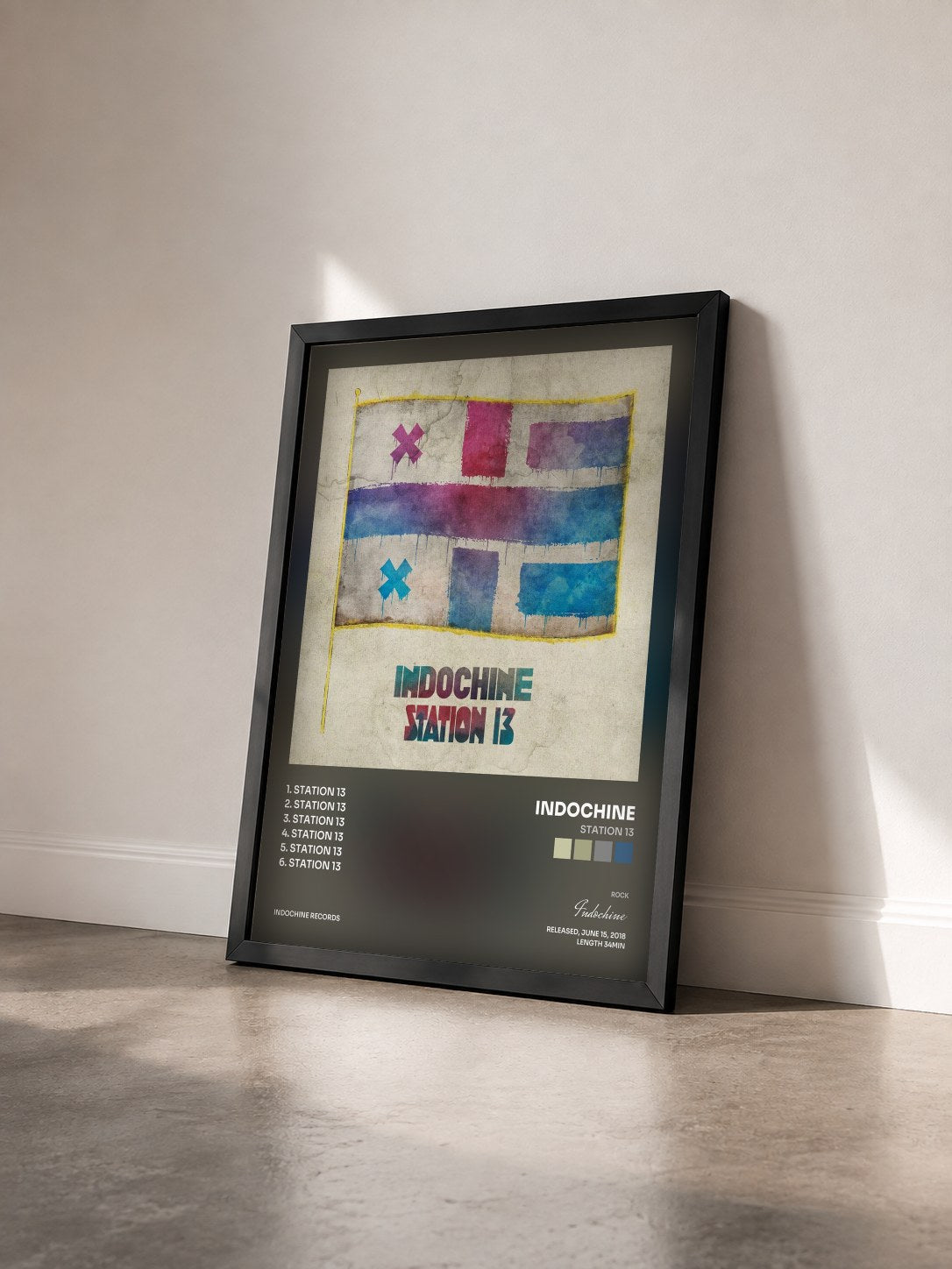 #noir Station 13 by Indochine as a framed art print seen at an angle, black frame