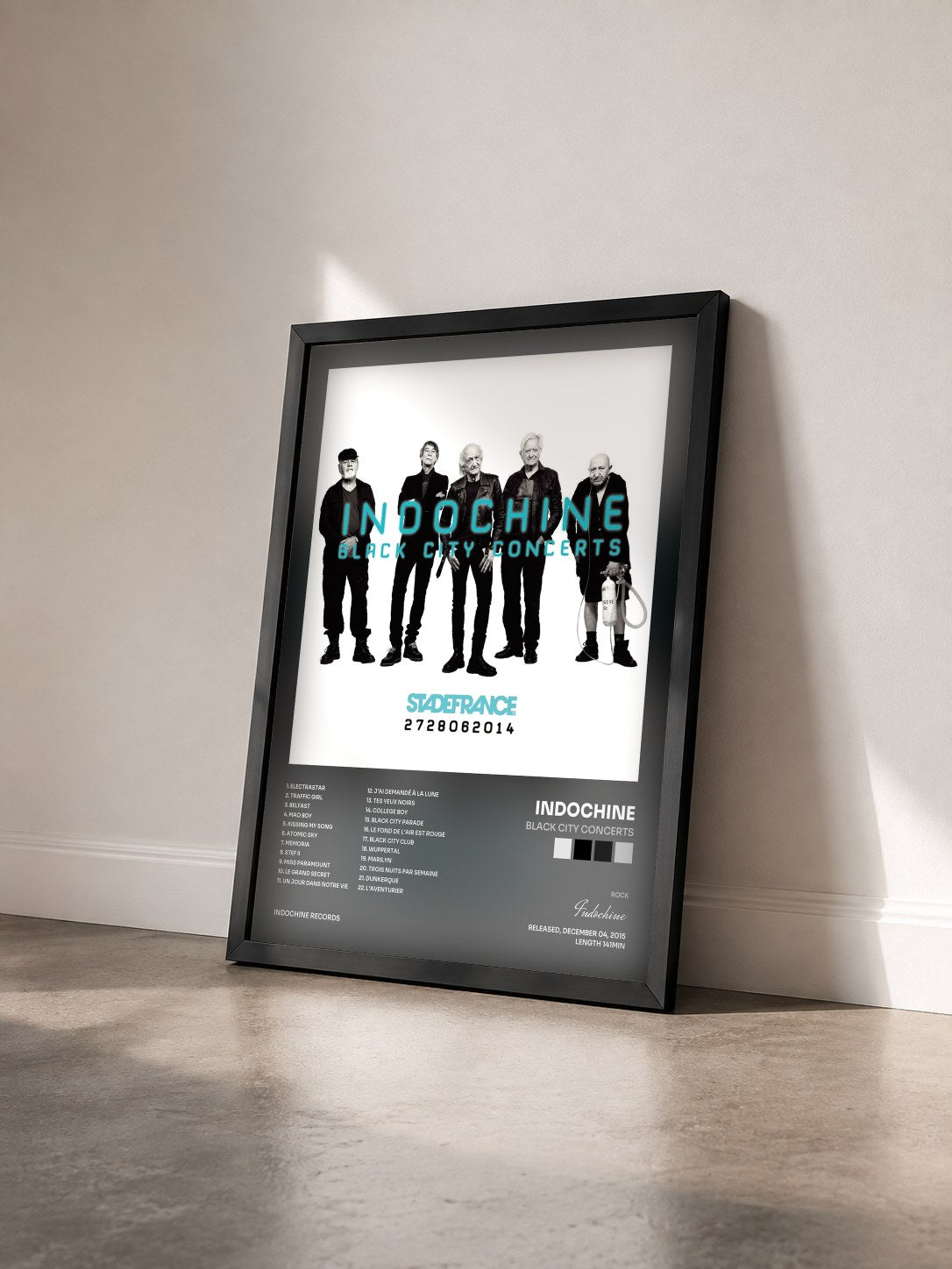 #noir Black City concerts by Indochine as a framed art print seen at an angle, black frame