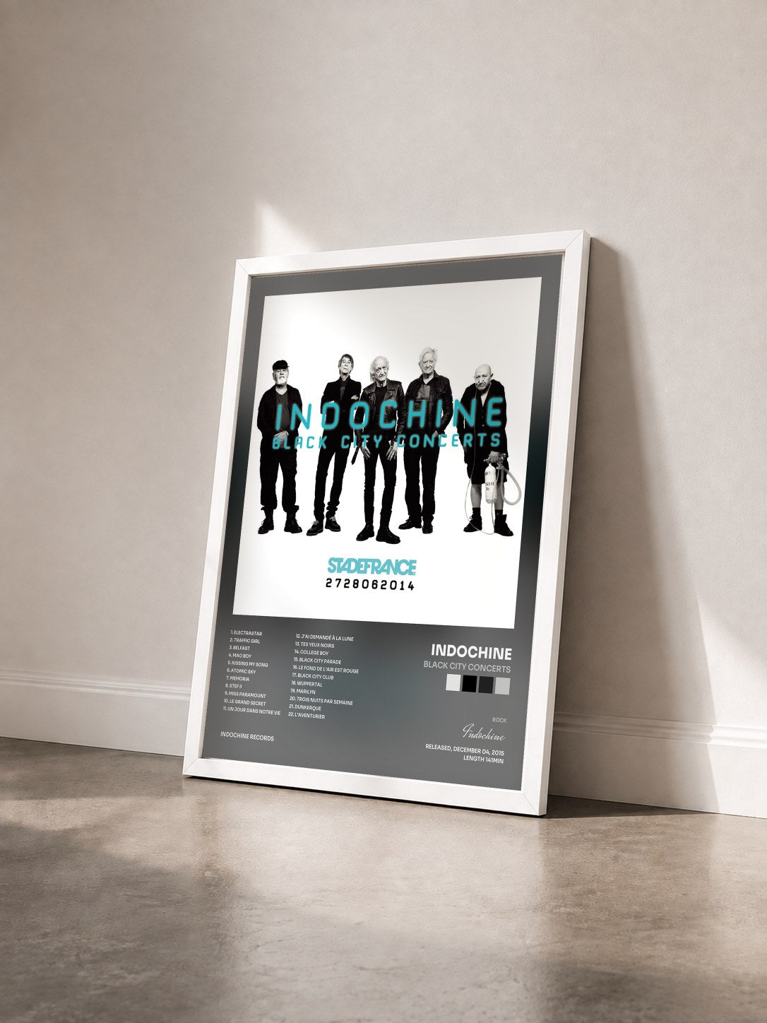 #blanc Black City concerts by Indochine as a framed art print seen at an angle, white frame