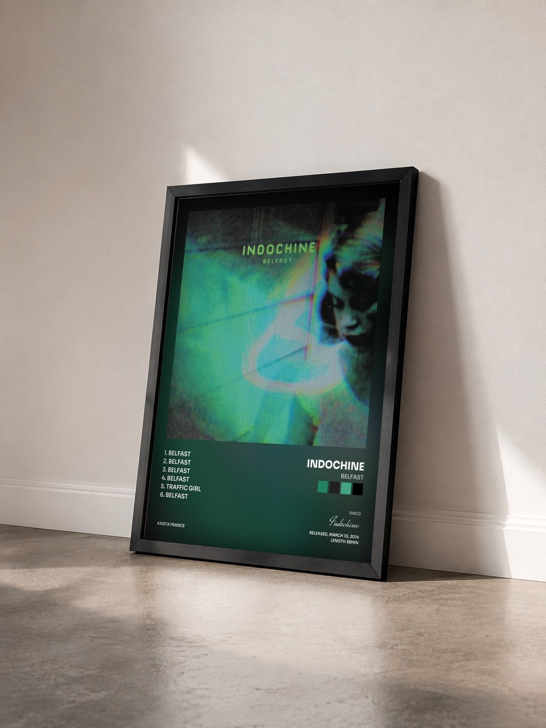 #noir Belfast by Indochine as a framed art print seen at an angle, black frame