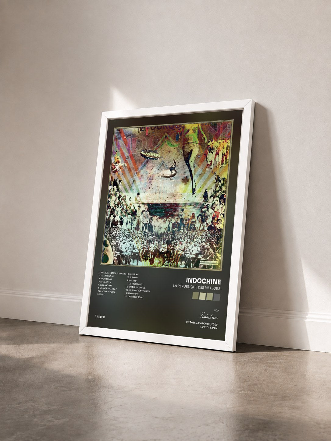 #blanc La république des meteors by Indochine as a framed art print seen at an angle, white frame