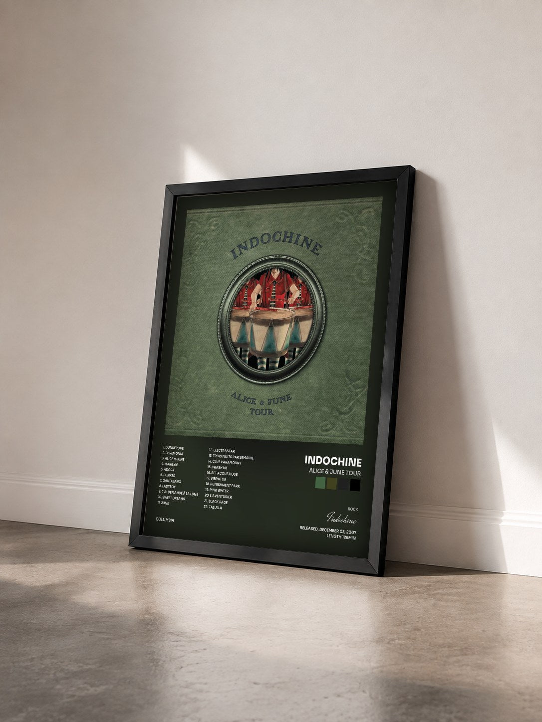 #noir Alice & June Tour by Indochine as a framed art print seen at an angle, black frame