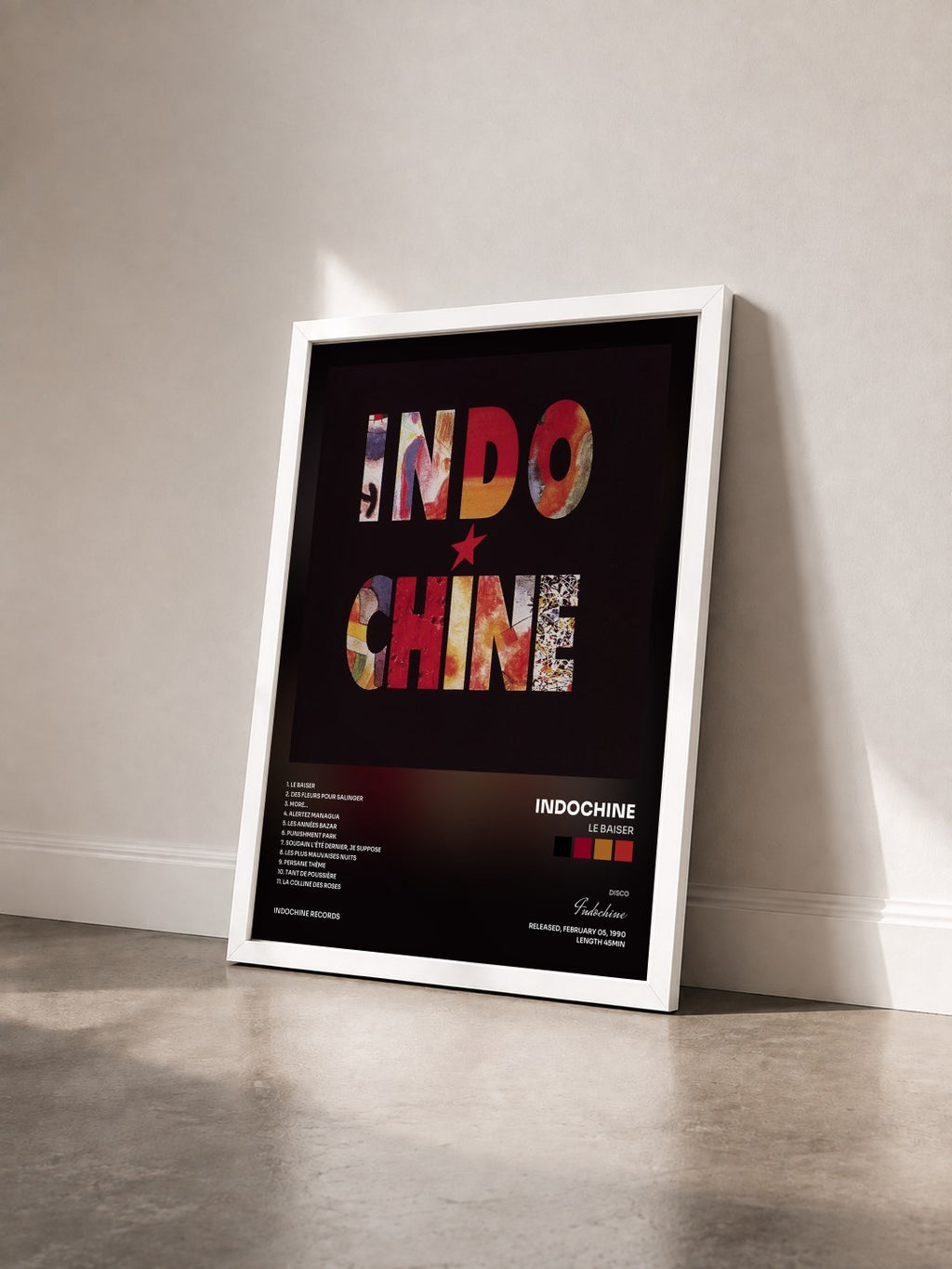 #blanc Le baiser by Indochine as a framed art print seen at an angle, white frame