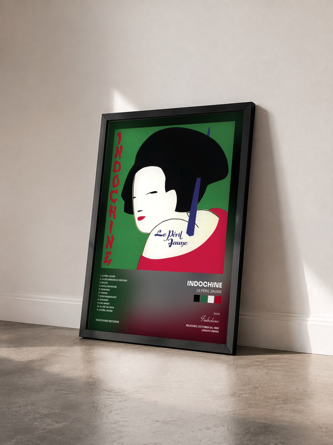#noir Le péril jaune by Indochine as a framed art print seen at an angle, black frame