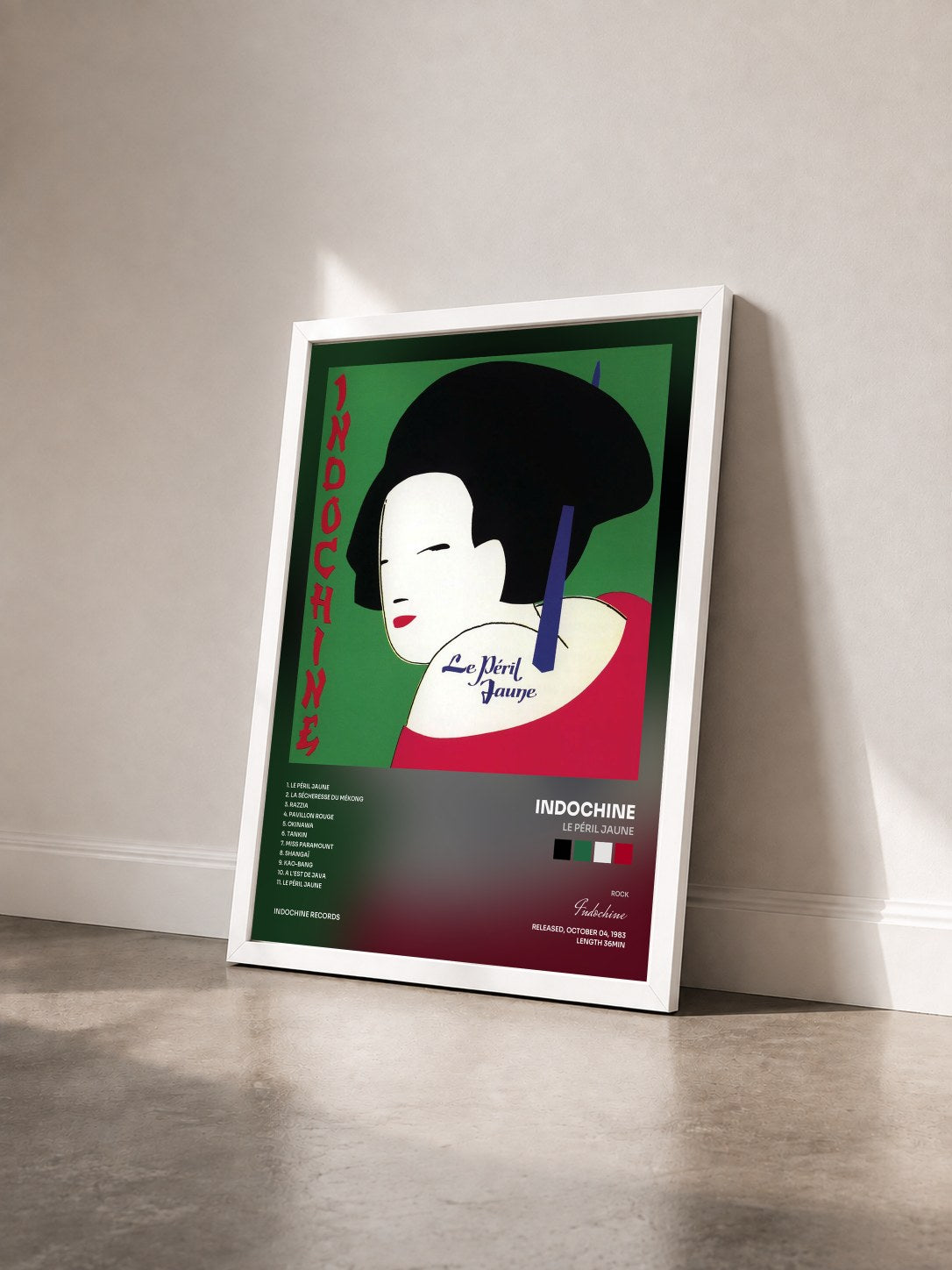 #blanc Le péril jaune by Indochine as a framed art print seen at an angle, white frame