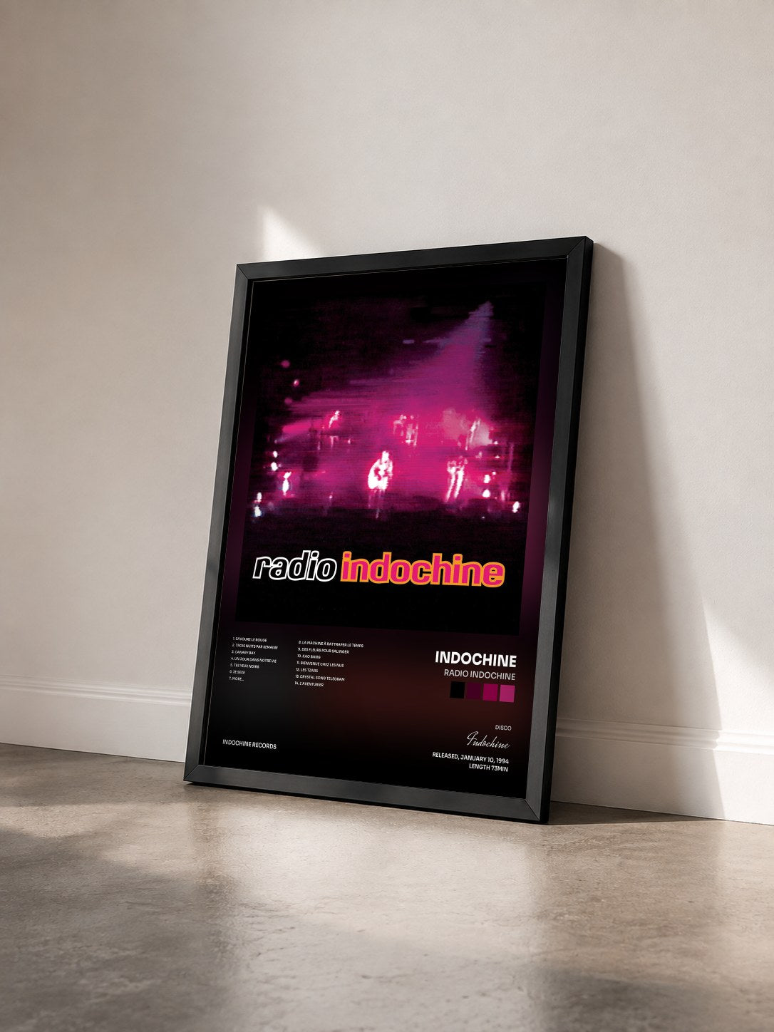 #noir Radio Indochine by Indochine as a framed art print seen at an angle, black frame