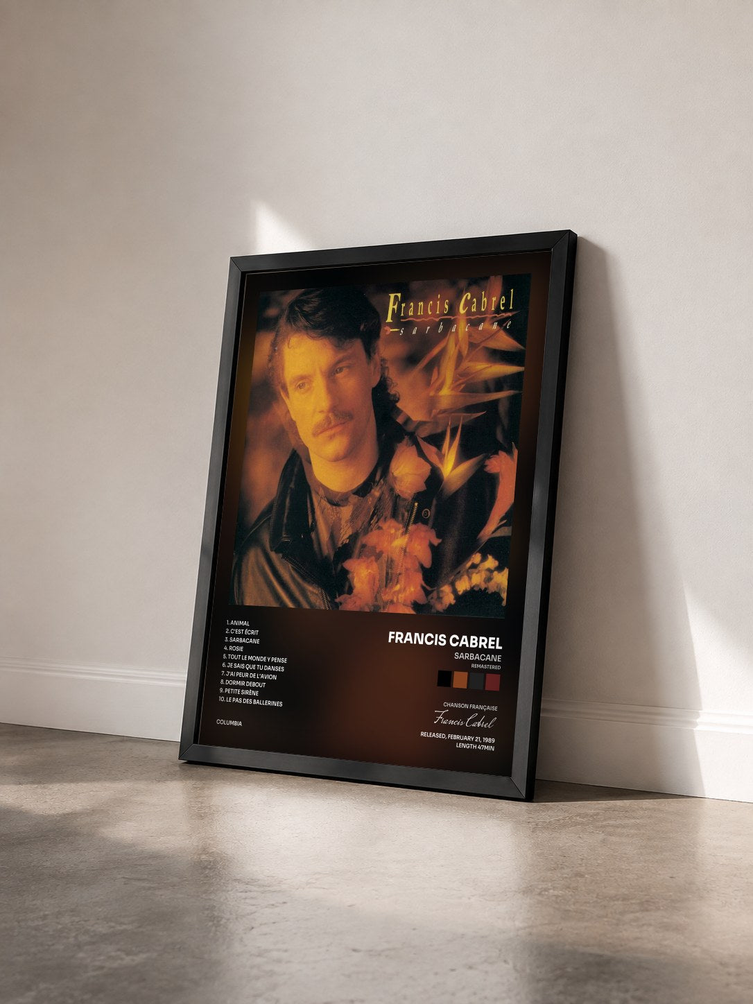 #noir Tableau de l'album Sarbacane (Remastered) de Francis Cabrel vu de trois quarts, cadre noir