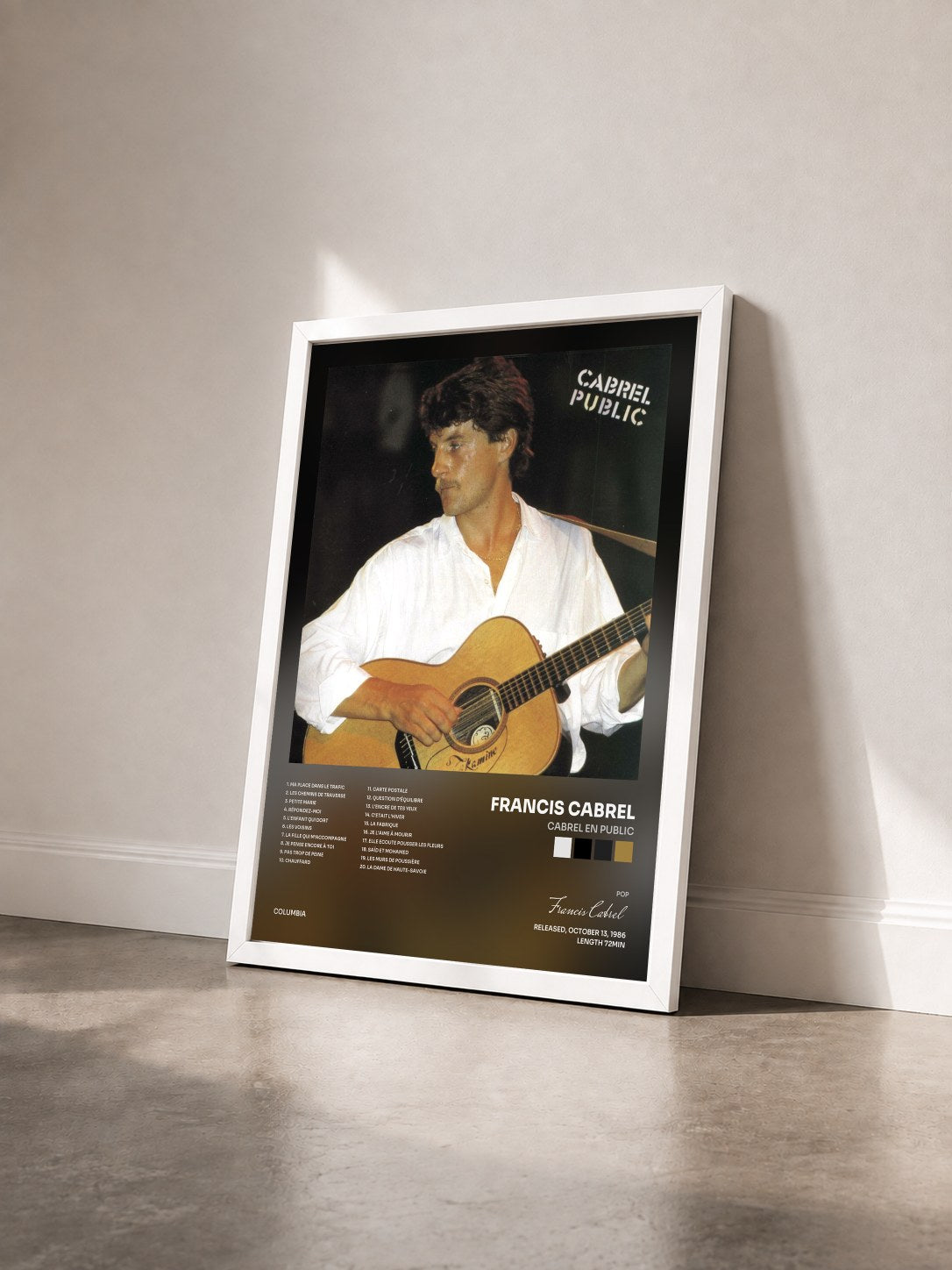 #blanc Tableau de l'album Cabrel en public de Francis Cabrel vu de trois quarts, cadre blanc